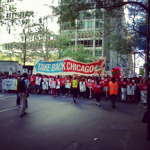 Teachers march on protest in Chicago this week. Photo courtesy Wikimedia Commons user MisterJayEm.
