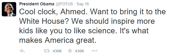President Obama tweets at Ahmed Mohamed after his arrest. 