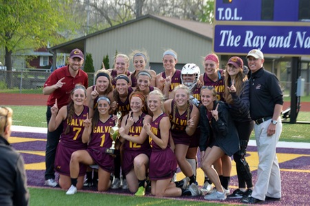 The womens lacrosse team defeated Albion College 12-11 in the MIAA Championship last year. Photo courtesy Calvin Sports Information.