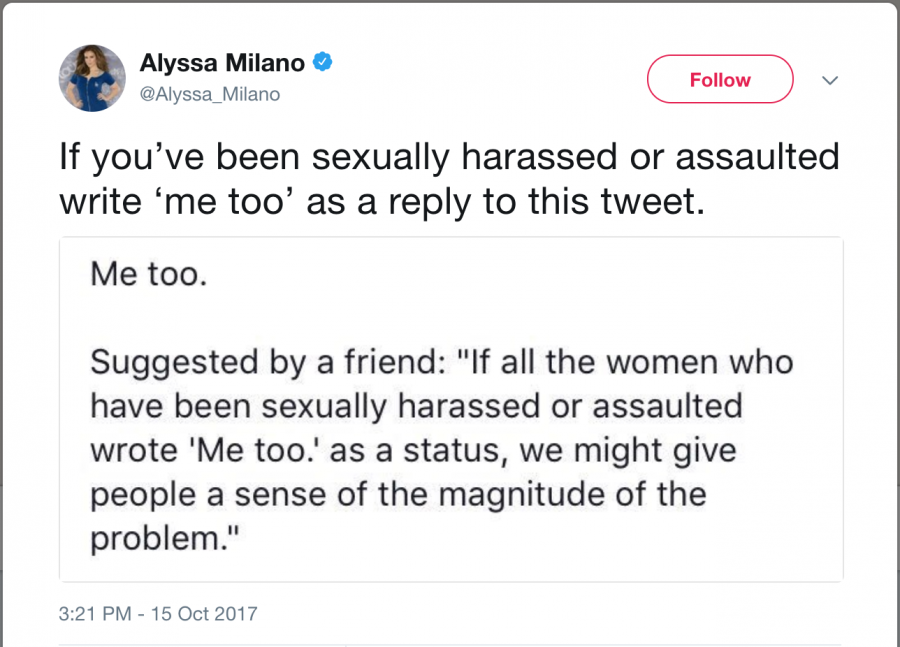 On Sunday, Oct. 15, Alyssa Milano’s tweet sparked a social media movement, bringing awareness to stories of sexual harassment and assault. Tweet courtesy @Alyssa_Milano (screenshot).