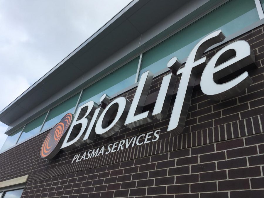 At BioLife, at the corner of East Paris Ave. and Sparks Drive in Grand Rapids, less than a liter of plasma and an hour and a half can earn students $20-50. Photo by David Fitch.