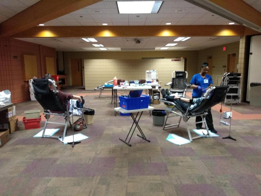 Students giving blood at the emergency blood drive.