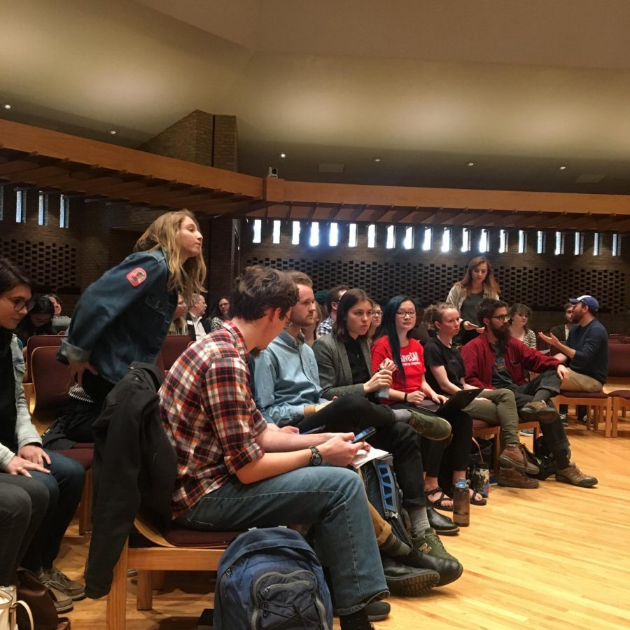 The students from the #SaveSAO group sat in the front row of the Chapel. They raised many of the questions throughout the meeting. 