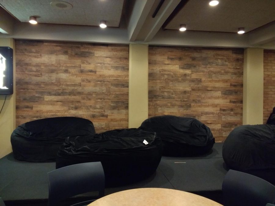 Bean bag chairs on the stage, which has been moved slightly