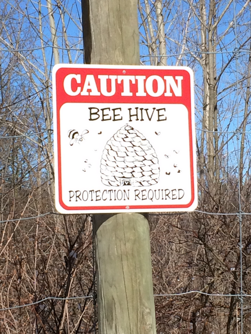The sign that warns people away from where the Calvin bees are kept. Currently it can be ignored, but new bees will be coming. 