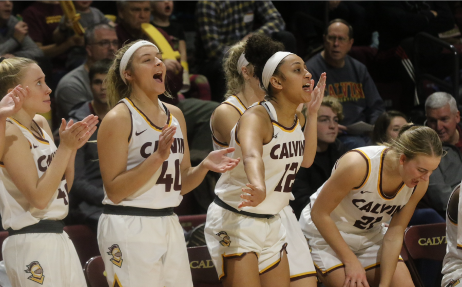 Several players cheering on their teammates from the bench