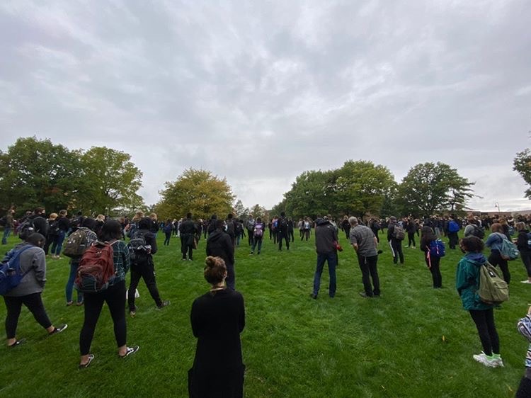 Students wore all black to stand in solidarity with Breonna Taylor’s family during an outdoor chapel service in September.