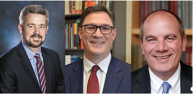 Michael Le Roy and Ken Erffmeyer (left and right) are among those leaving the university this year. Noah Toly (center) stepped up as provost this summer.