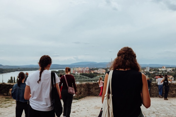 Calvin students look out toward the border with Slovakia from the roof of the Basilica of Esztergom in northern Hungary.