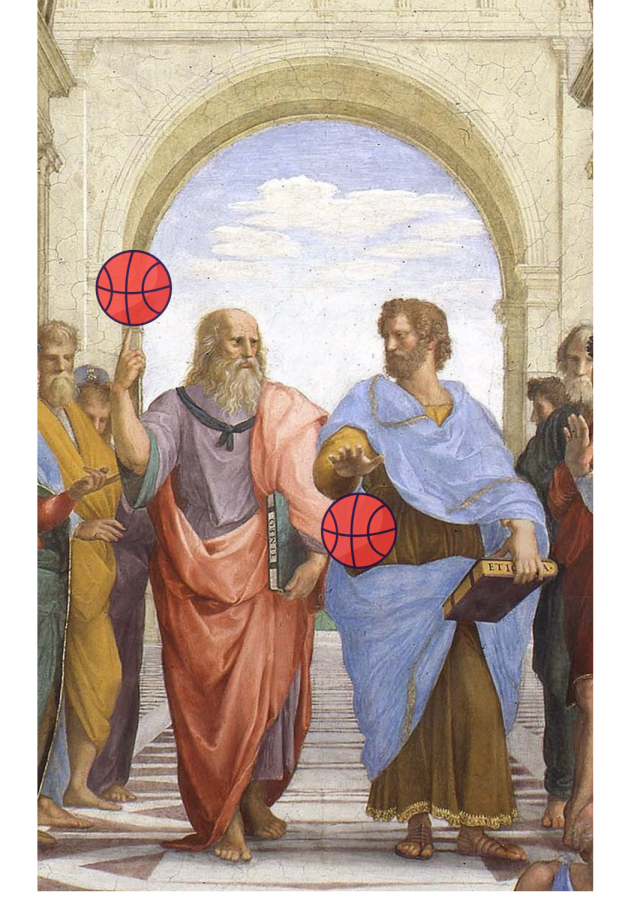 Professor Micah Watson connects Aristotle and basketball in one of his political science classes. (Image courtesy Wikimedia Commons. Graphic by Abigail Ham and Jamison Van Andel)