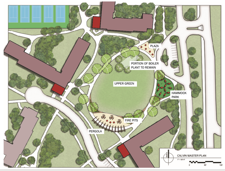 The plan imagines a new outdoor space for student gathering where Knollcrest Dining Hall is currently located.