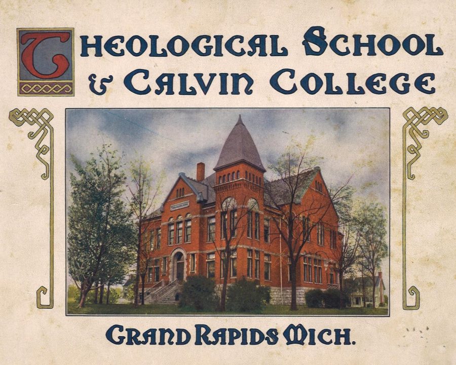 Cover from a 1910 souvenir booklet for the Theological
School and Calvin College, depicting the main building.