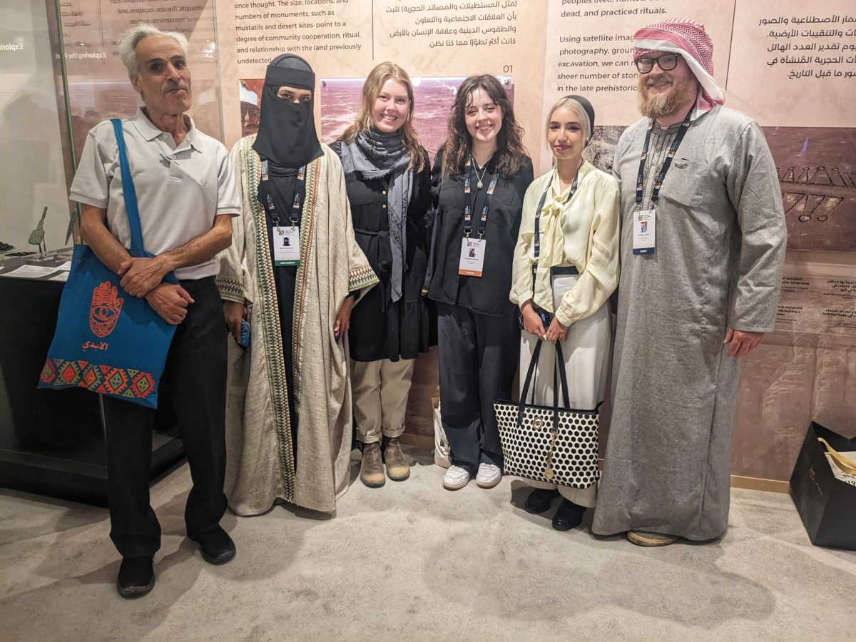 Darrell+Rohl+and+students+Parker+Nanzer+and+Abigail+VanDoorne+at+the+AlUla+World+Archaeology+Summit+in+Saudi+Arabia.+%28Photo+courtesy+of+Darrell+Rohl%29