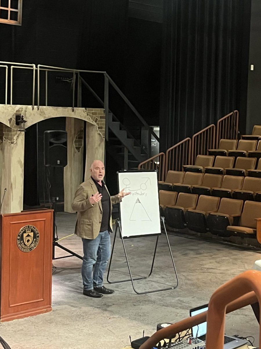 Jackson Katz gives his talk “Why Men’s Leadership in Gender-Based Violence Prevention is a Social Justice Imperative” at Aquinas College.