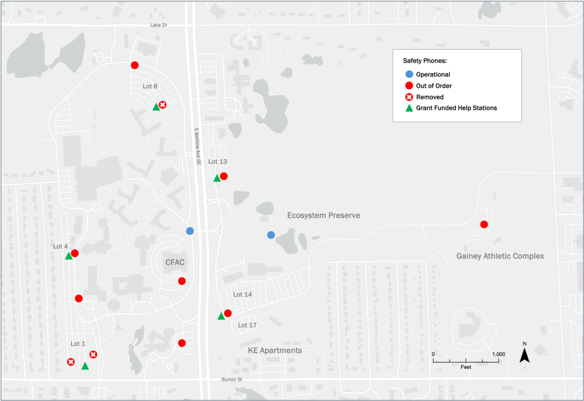 A map of the locations of Calvin's blue safety phones around campus