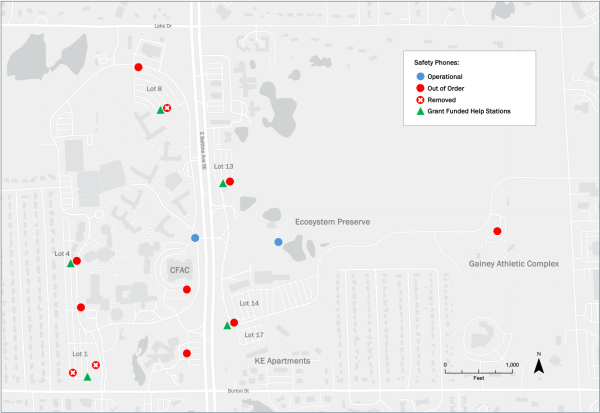 A map of the locations of Calvin's blue safety phones around campus