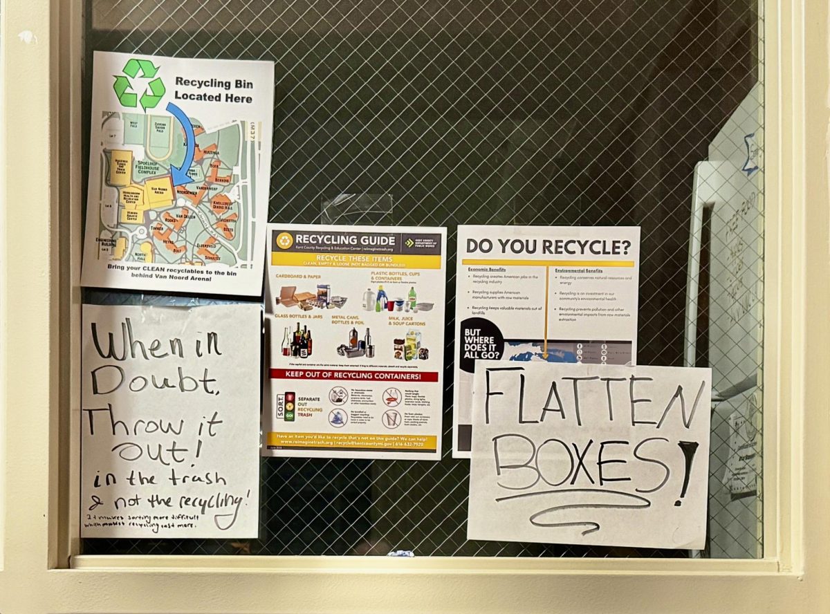 Posters -- official and hand-drawn -- instruct the residents of Third VanReken on proper recycling procedures. 