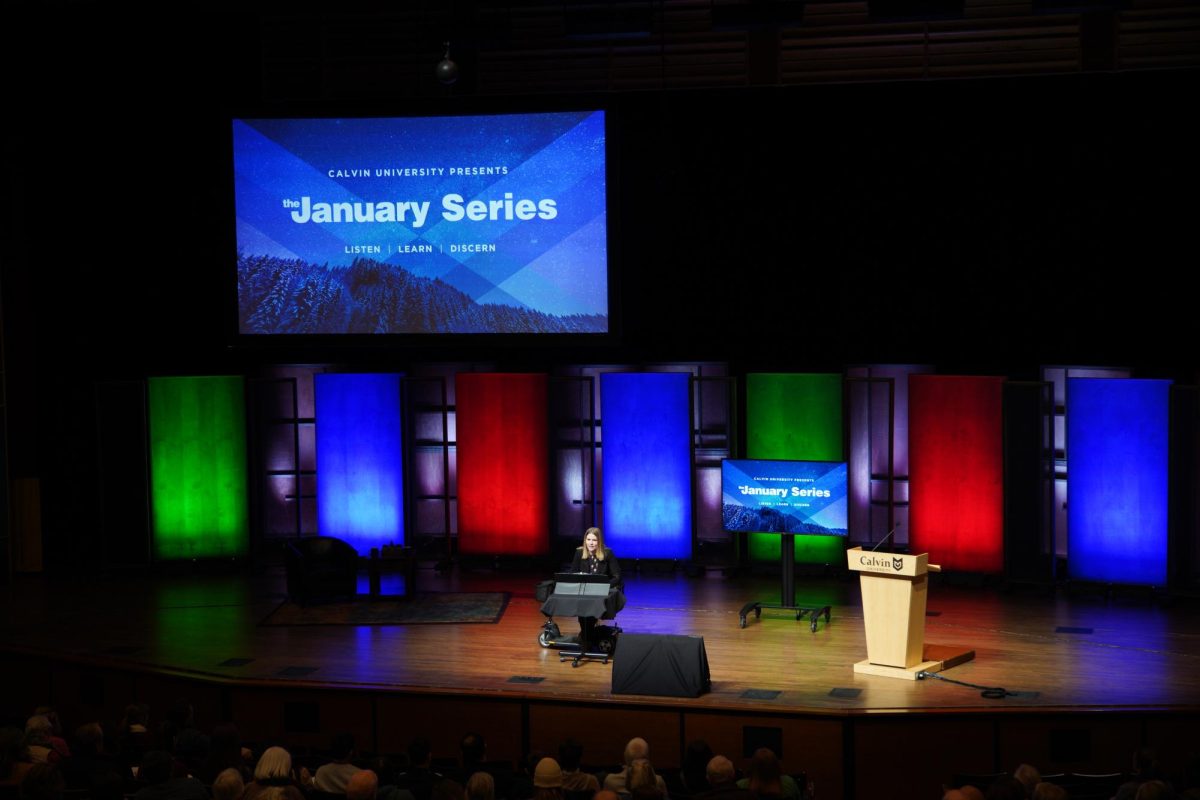 Dr. Amy Kenny speaks at the January Series in 2023. From Calvin public photo gallery.
