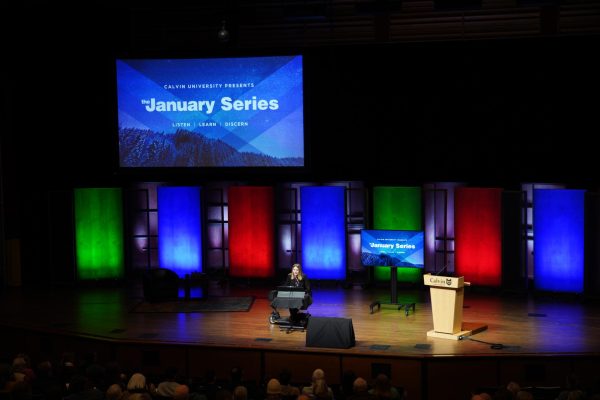 Dr. Amy Kenny speaks at the January Series in 2023. From Calvin public photo gallery.
