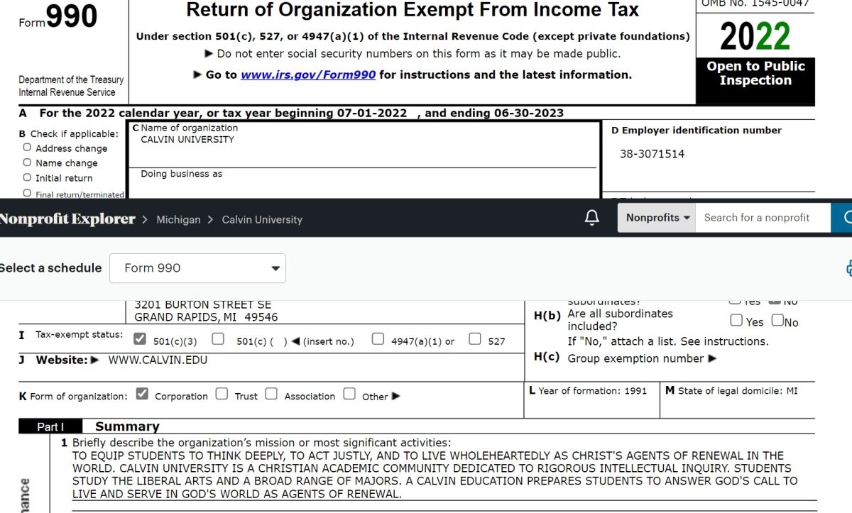 The form 990, which non profit organizations such as Calvin are required to make available to the public, provides information about individual nonprofits' finances. Screenshot from propublica.org. 