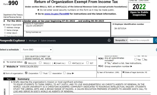 The form 990, which non profit organizations such as Calvin are required to make available to the public, provides information about individual nonprofits' finances. Screenshot from propublica.org. 