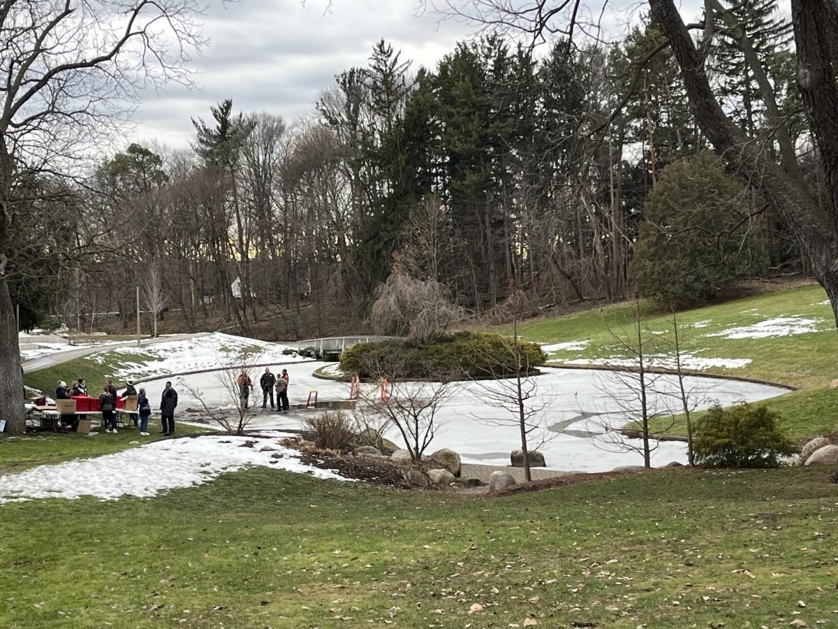 The seminary "sem" pond, where students gather every year for the Cold Knight Plunge. 